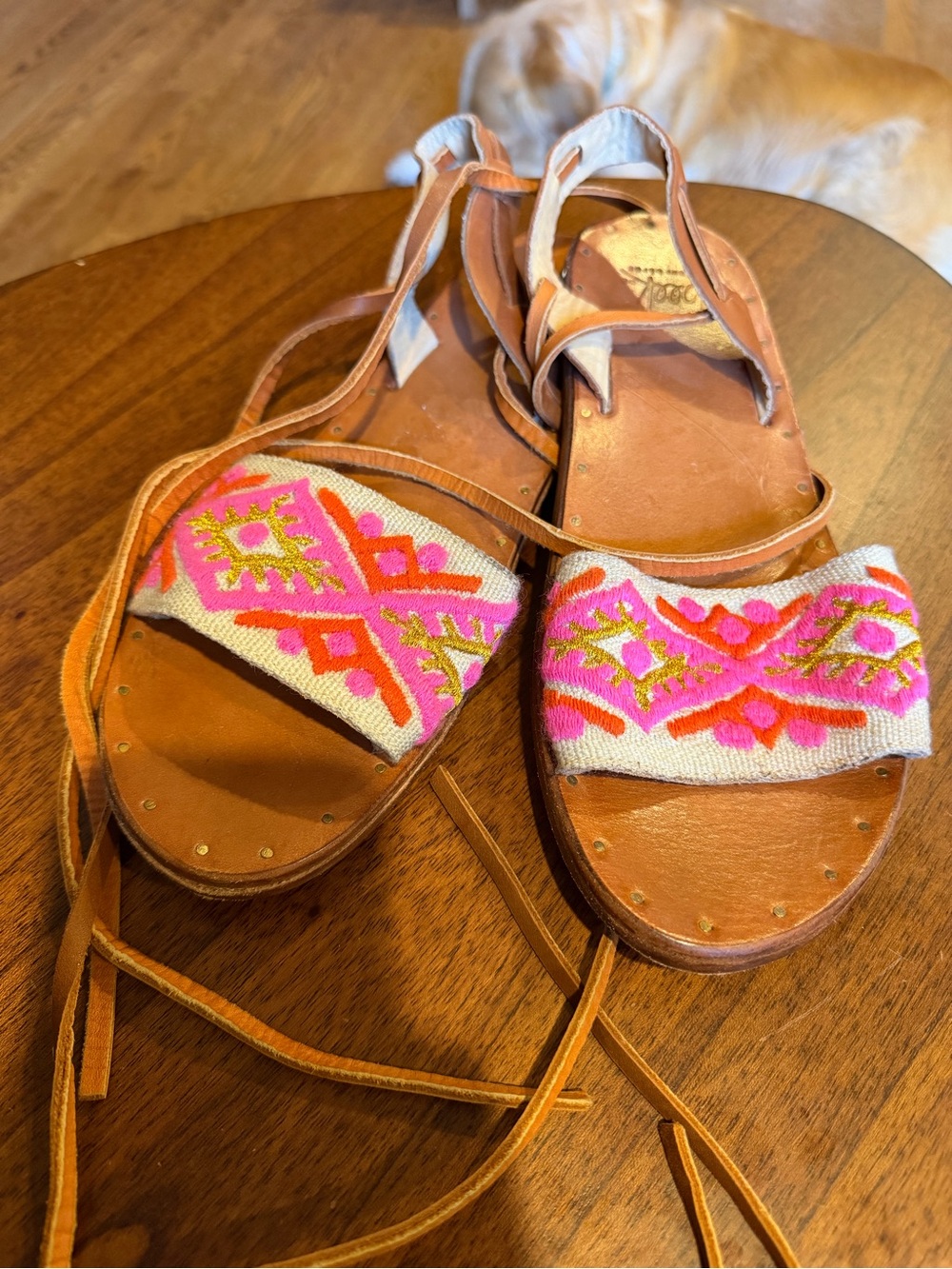 beek Pink and Gold Embroidered Tan Lace-Up Women's Sandals